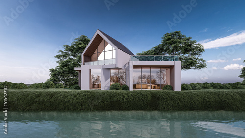 3D rendering illustration of modern house with waterfront view