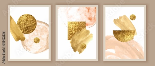 Minimal beige, pink, white, gold, grey geometric art composition. Wall decor, cover, design. Simple balanced forms. Watercolor textures, brush strokes.