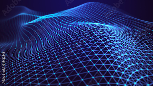 Futuristic blue wave of dots and lines. The concept of big data. Network connection. Cybernetics and technology. Abstract blue background. 3d rendering.