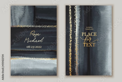 Set of vertical backgrounds. Grey grunge watercolor texture. Brush strokes, gradient. Monochrome hand painted design with golden lines and splatters.