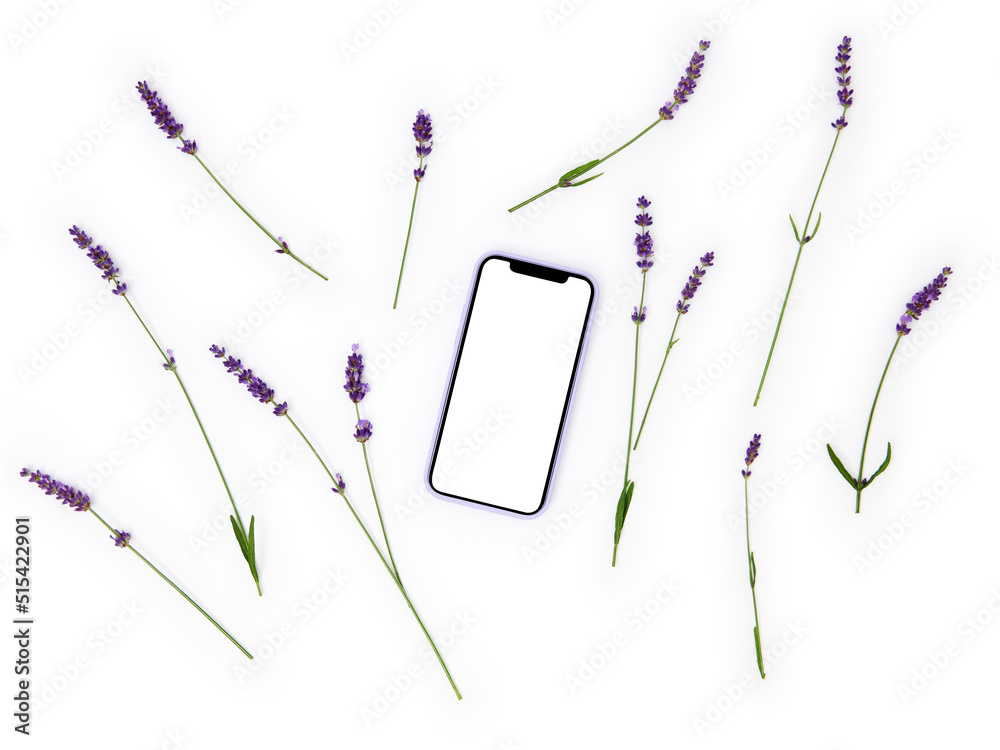 Smartphone flatlay flat lavender violet flower message mobile phone on white background packshot app presentation lawenda provence prowansja top view purple - obrazy, fototapety, plakaty 