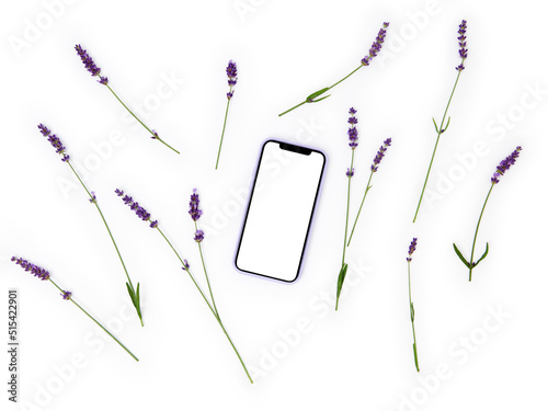 Smartphone flatlay flat lavender violet flower message mobile phone on white background packshot app presentation lawenda provence prowansja top view purple