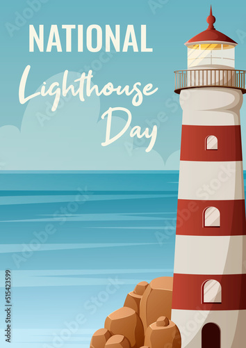 National Lighthouse Day. Vector illustration, seascape. Holiday, celebrated annual in August 7. Navigational aid for seafarers at sea. For greeting card, banner, poster, flyer