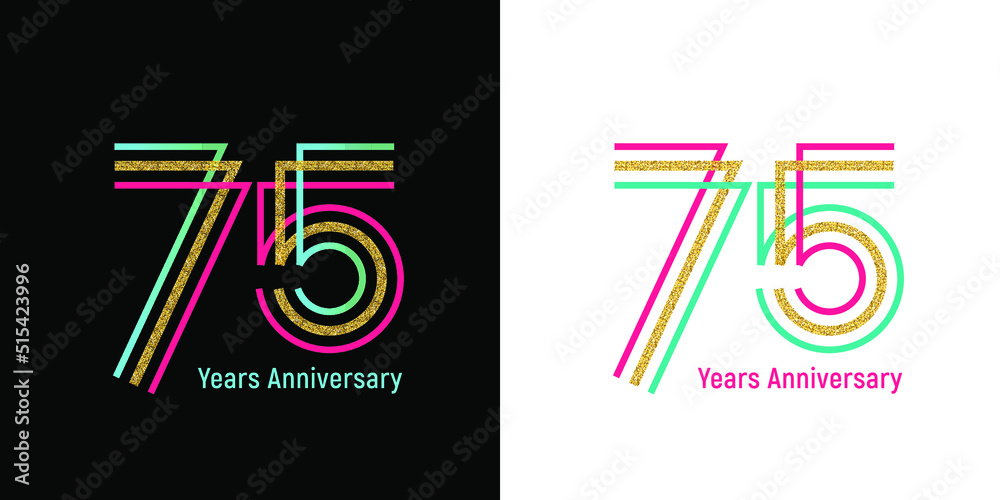 Elegant 75th anniversary logo template made from bright ribbons. Option on a dark and light background. Text in a vector file is easy to edit - obrazy, fototapety, plakaty 