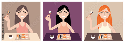 Girl eating japanese sushi rolls with chopsticks, sitting at table smiling, asian restaurant, japanese cuisine, food takeout, salmon sushi rolls, tasty meal, sushi delivery. Vector illustration set