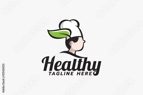 Healthy catering logo with a chef wearing a leaf-winged hat. Suitable for catering, restaurant, cafe, etc.