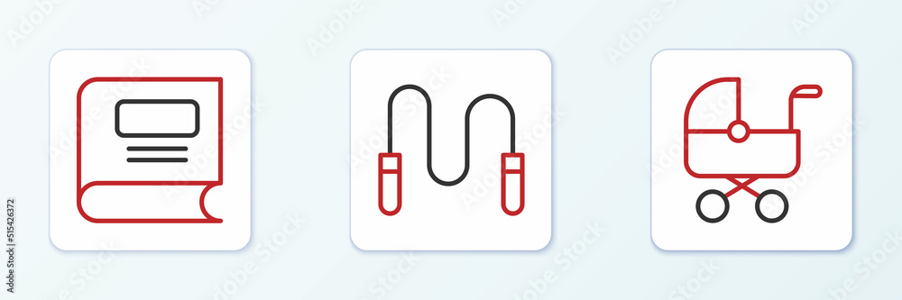 Set line Baby stroller, Book and Jump rope icon. Vector Set line Baby stroller, Book and Jump rope icon. Vector
