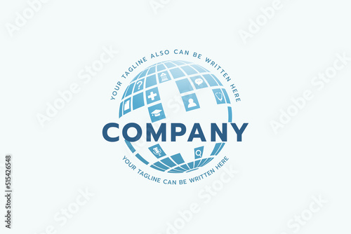 world medical logo with digital globe containing medical and education icons.
