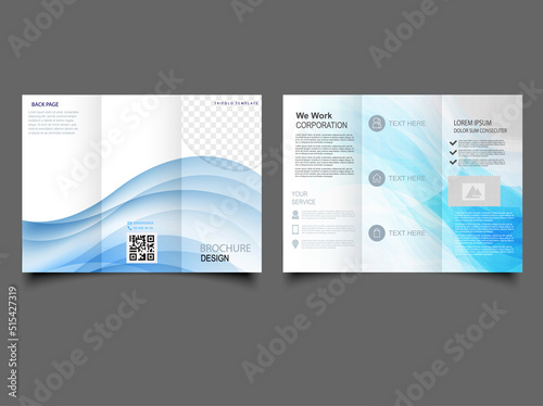 TRI-FOLD brochure with light blue waves. Blue motion tri-fold brochure design with lines