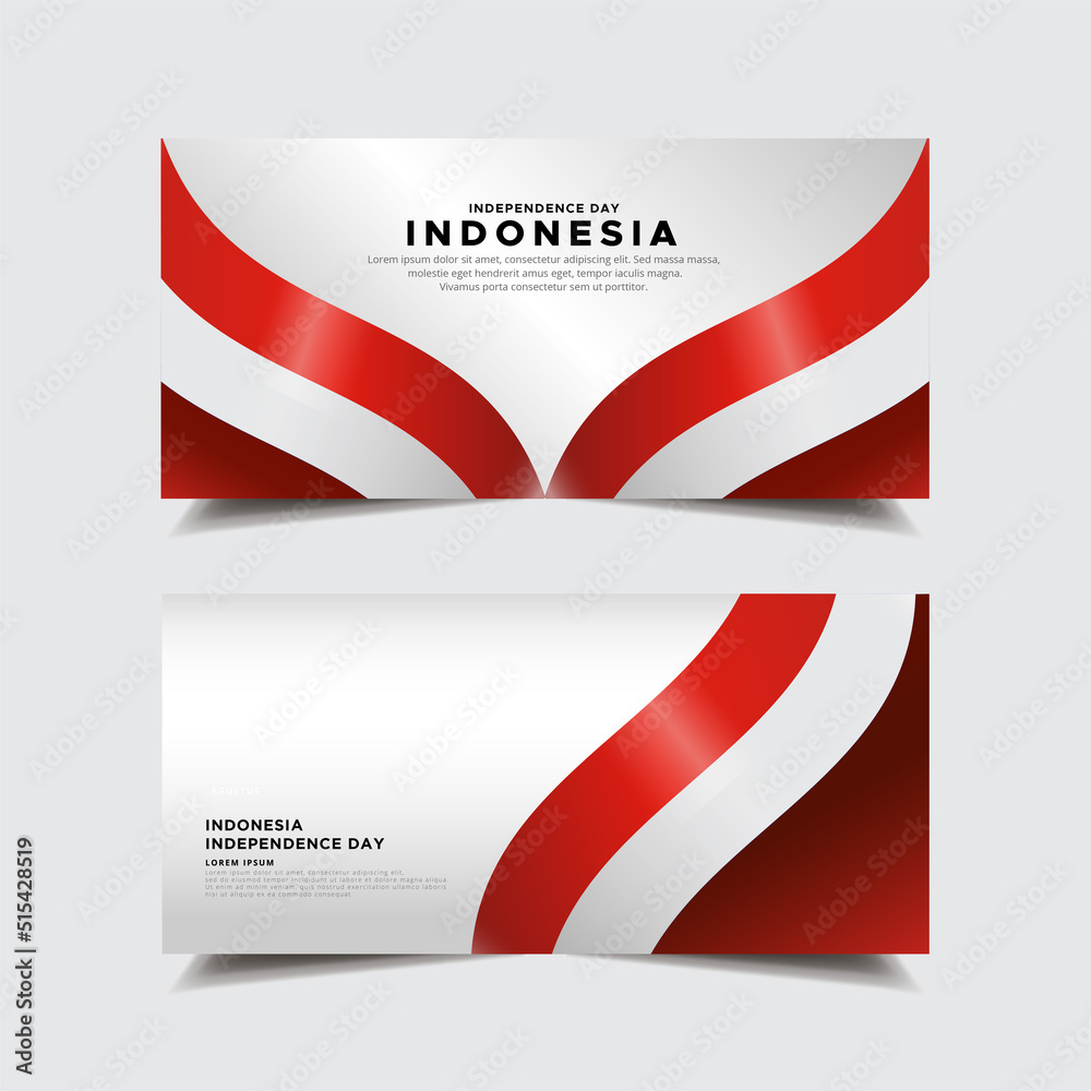 Collection of Indonesia Independence Day banner with wavy flag vector.