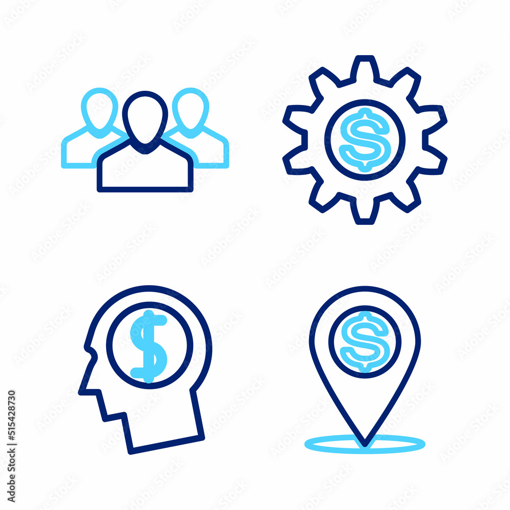 Set line Cash location pin, Business man planning mind, Gear with dollar symbol and Users group icon. Vector Set line Cash location pin, Business man planning mind, Gear with dollar symbol and Users group icon. Vector