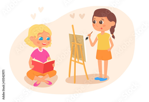 Set of kid. Brunette young girl drawing while standing at the easel. A blue-eyed young girl siting in a lotus pose and reading a book. Leisure time and hobbies. Vector flat illustration.