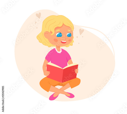 A blue-eyed young girl siting in a lotus pose and reading a book. Book lover, cute smiling girl. Cartoon child. Hand drawn Vector illustration.
