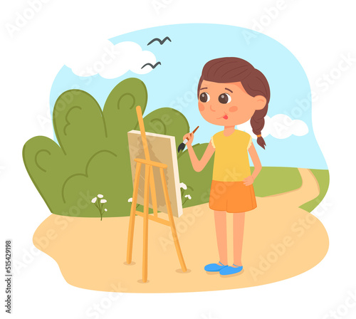 Art & IllustrationCartoon little cute girl standing at easel to draw the painting. Handcraft, creative hobby concept. Plein air in nature. Kid, child. Vector illustration.