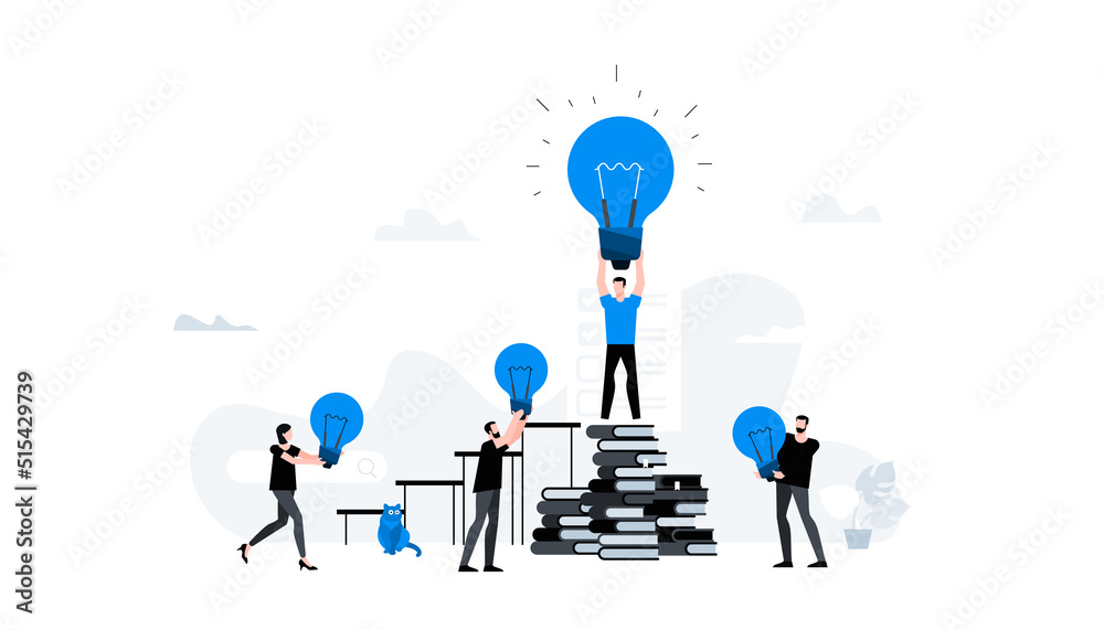 Office workers share ideas. Sharing and search business ideas. Conceptual brainstorming and meeting people with ideas. Finding creative solutions. Animation ready duik friendly vector.