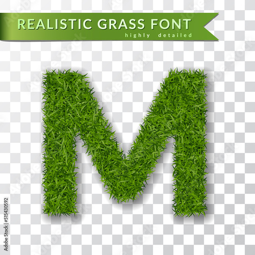 Grass letter M, alphabet 3D design. Capital letter text. Green font isolated white transparent background, shadow. Symbol eco nature environment, save the planet. Realistic meadow Vector illustration