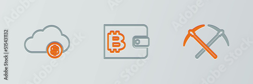 Set line Crossed pickaxe, Cryptocurrency cloud mining and wallet icon. Vector