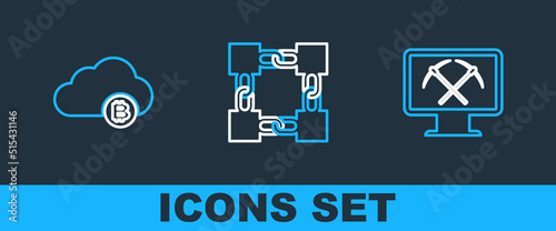 Set line Mining with monitor and pickaxe, Cryptocurrency cloud mining and Blockchain technology icon. Vector