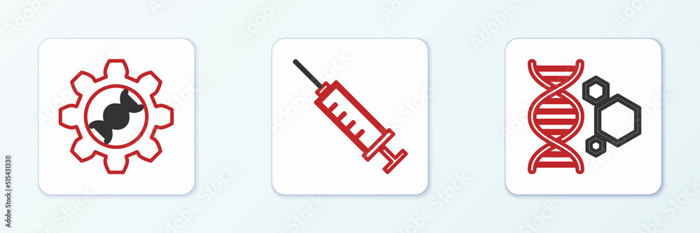Set line Genetic engineering, and Syringe icon. Vector Set line Genetic engineering, and Syringe icon. Vector