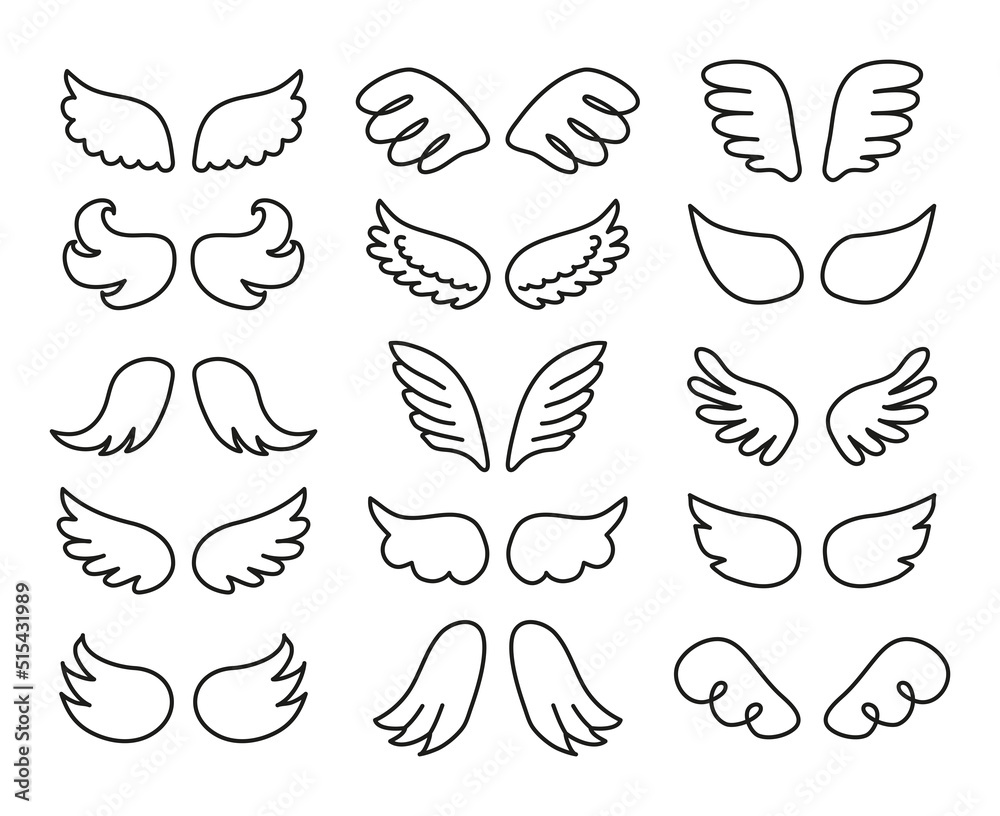 Set of doodle angel wings.