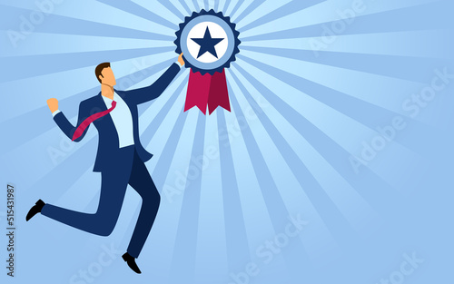 Businessman jumps while holding award medal