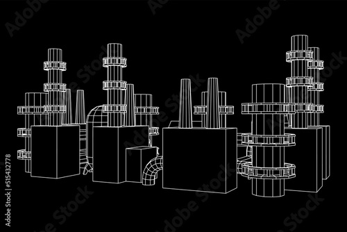 Industrial building factorie facilitie power plant. Wireframe low poly mesh