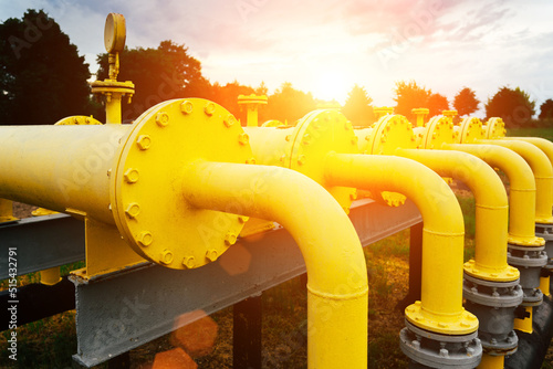 Gas transportation industry. Yellow gas pipeline power technology. Fuel pipe energy equipment. Gas pumping station, industrial zone.