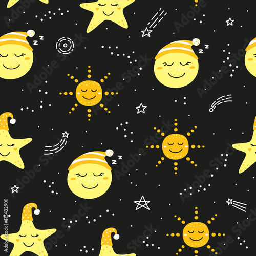 Seamless pattern with stars, sun and moon.