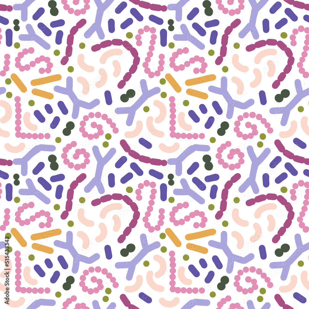 Seamless pattern with different probiotics. Flat simple vector illustration for Medicine or dietary supplements for gastrointestinal health. Bifidobacterium, lactobacillus, streptococcus thermophilus, Seamless pattern with different probiotics. Flat simple vector illustration for Medicine or dietary supplements for gastrointestinal health. Bifidobacterium, lactobacillus, streptococcus thermophilus,