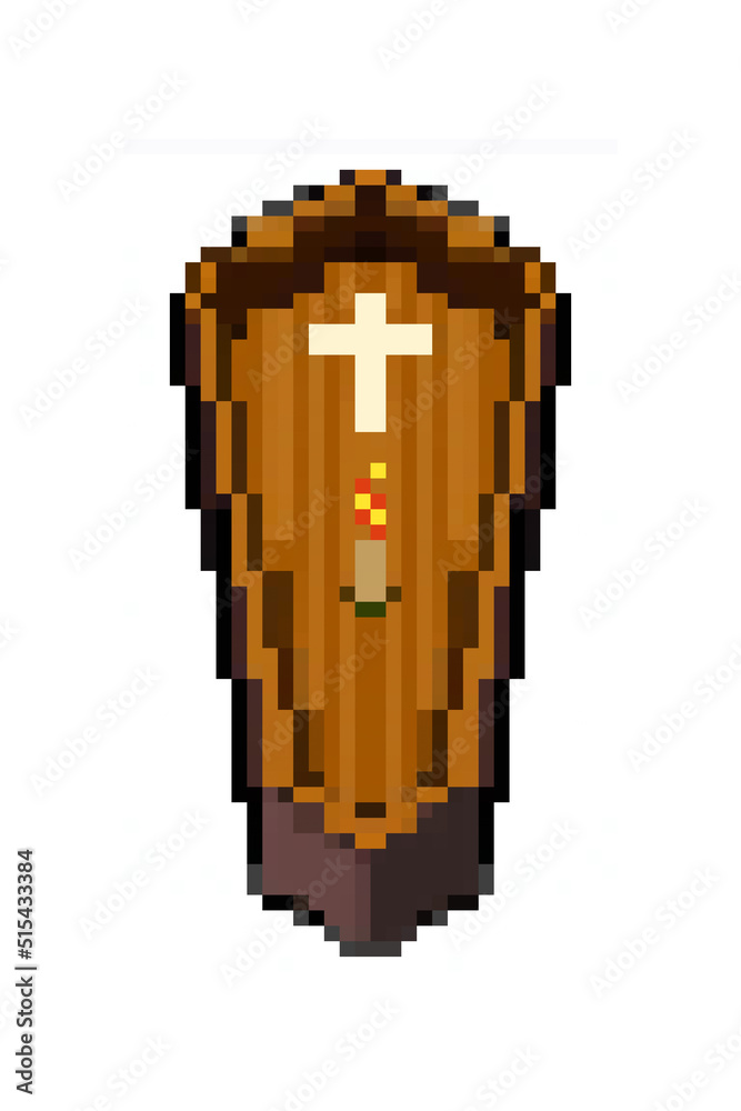 8 bit pixel art style: a dark brown coffin, with a cross and a burning candle.
8 bit pixel art style: a dark brown coffin, with a cross and a burning candle.