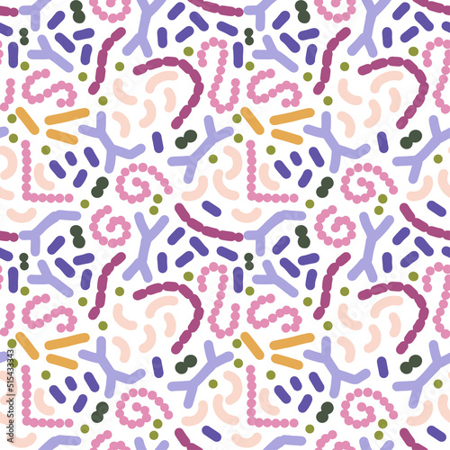 Seamless pattern with different probiotics. Flat simple vector illustration for Medicine or dietary supplements for gastrointestinal health. Bifidobacterium, lactobacillus, streptococcus thermophilus,