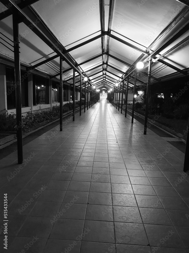 hospital hallway at night with black and white view