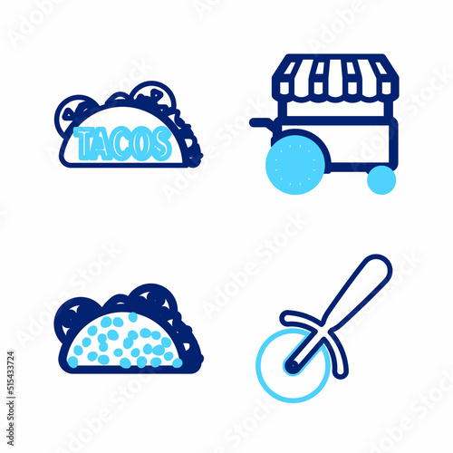 Set line Pizza knife, Taco with tortilla, Fast street food cart and icon. Vector