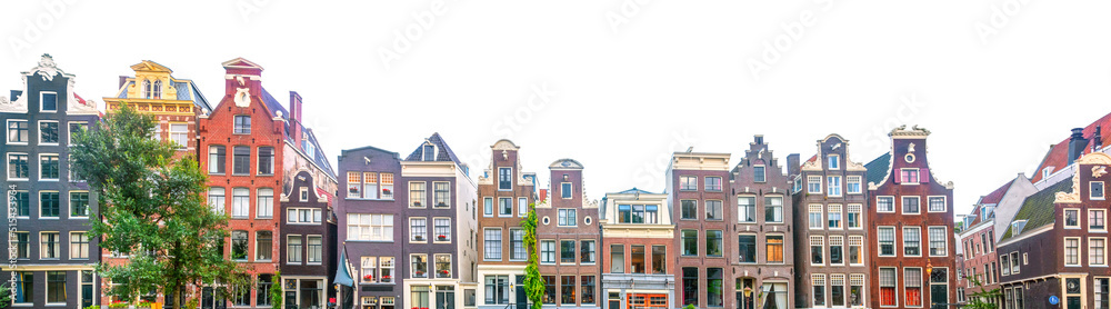 Famous Amsterdam houses - background isolated on white. Various traditional houses in the historic center of Amsterdam. Amsterdam, Holland, Netherlands, Europe