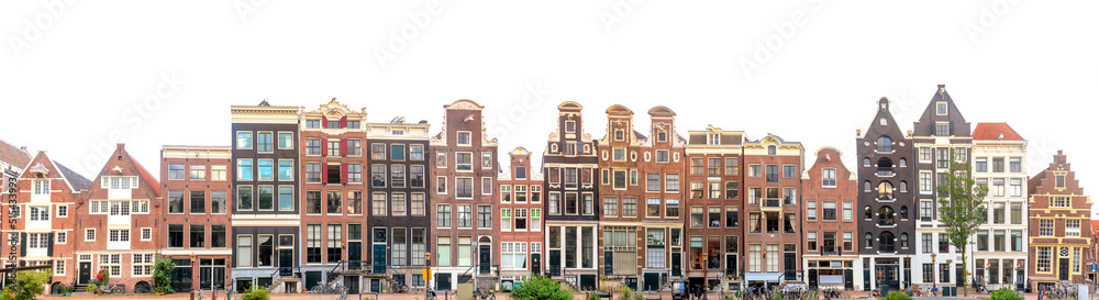 Long Panorama - Famous Amsterdam houses - background isolated on white. Various traditional houses in the historic center of Amsterdam. Amsterdam, Holland, Netherlands, Europe