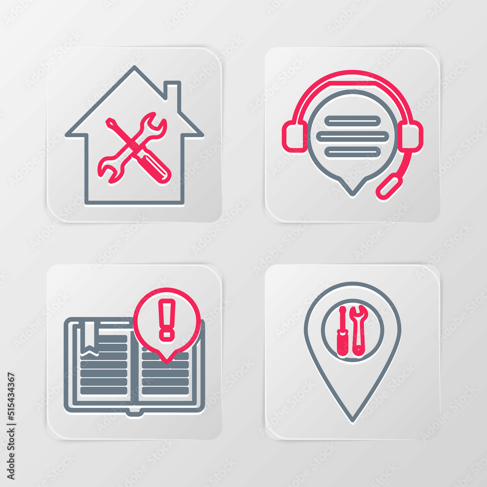 Set line Location service, Interesting facts, Headphones with speech bubble chat and House icon. Vector Set line Location service, Interesting facts, Headphones with speech bubble chat and House icon. Vector