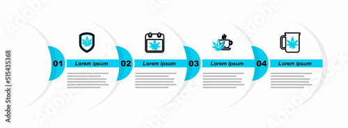 Set line Cup tea with marijuana, Calendar and and Shield icon. Vector