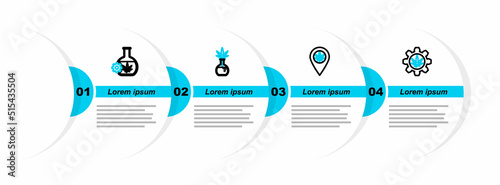 Set line Test tube with marijuana, Location and, and icon. Vector