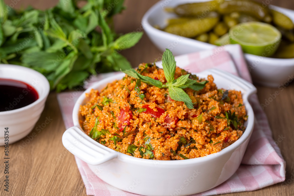 Traditional delicious Turkish foods: bulgur salad (kisir)
