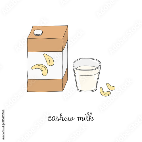 Hand drawn cashew milk in cardboard and glass.