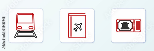 Set line Museum ticket, Train and Cover book travel guide icon. Vector