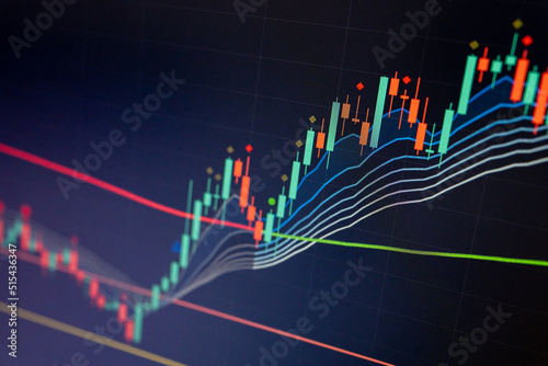 Stock market data on digital LED display. Fundamental and technical analysis with candle stick graph chart of stock market trading to represent about Bullish and Bearish point.