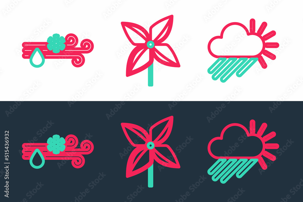Set line Cloudy with rain and sun, Wind snow and Pinwheel icon. Vector Set line Cloudy with rain and sun, Wind snow and Pinwheel icon. Vector