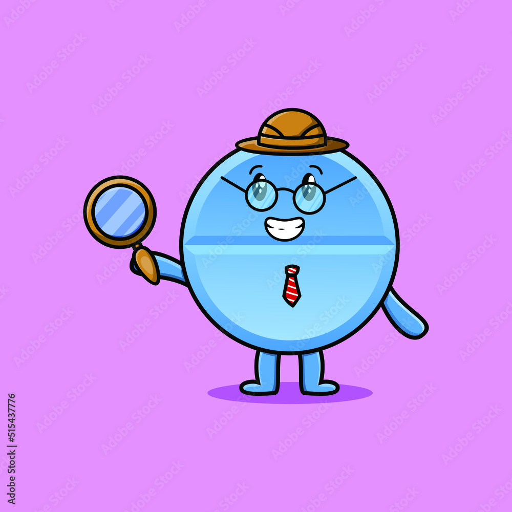 Naklejka premium Cute cartoon character Pill medicine detective is searching with magnifying glass
