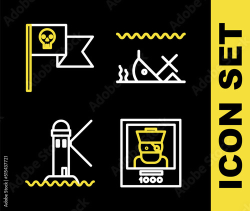 Set line Sunken ship, Wanted poster pirate, Lighthouse and Pirate flag with skull icon. Vector