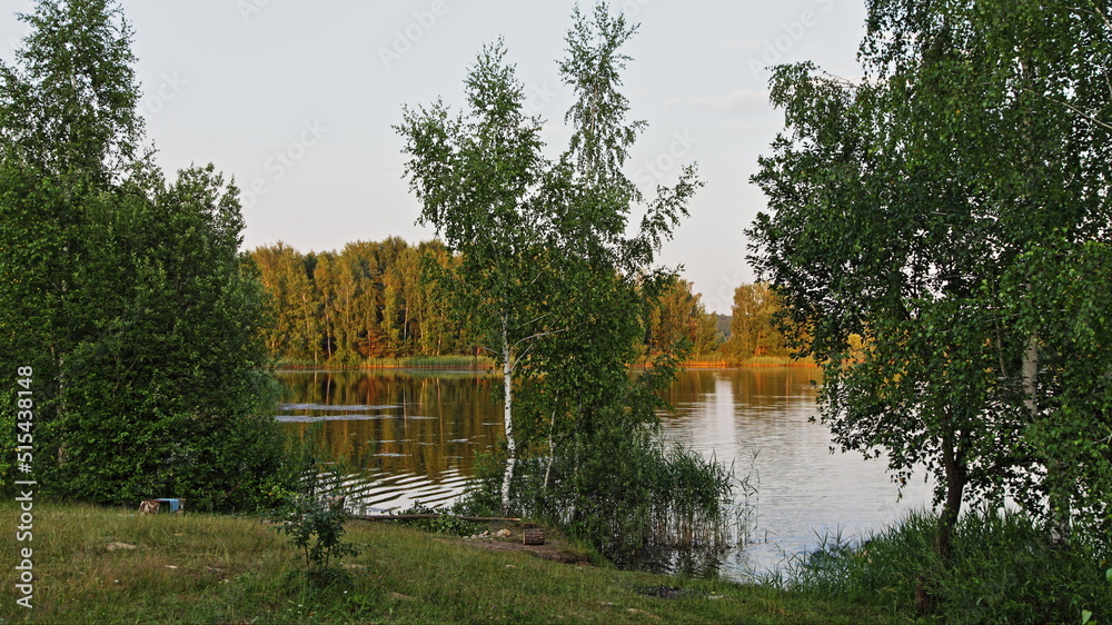 Wild lake with green trees ob shores at summer day. Beautiful East European natural landscape