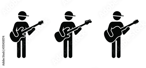Stickman, stick figure man singer. Musician, guitar player or guitaris Cartoon bass, acoustic, rock electric, guitars headstock. Music silhouette Vector guitars icon or logo. guitar amplifier