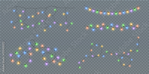 Festive Christmas light multicolored garlands PNG. Decor element for postcards, invitations, backgrounds, business cards. Winter new collection 2023.