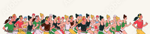 Seth running girls. Women character is jogging, listening music in headphones. The girls are running and doing fitness. Active healthy lifestyle vector illustration, modern cartoon style design. 