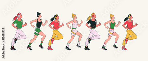 Seth running girls. Women character is jogging, listening music in headphones. The girls are running and doing fitness. Active healthy lifestyle vector illustration, modern cartoon style design. 